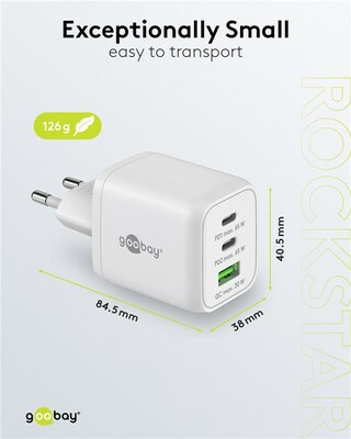 Nabíjačka USB 230V 3port, 1xUSB A, 2xUSB Typ C, 65W, Power Delivery, GaN, biela