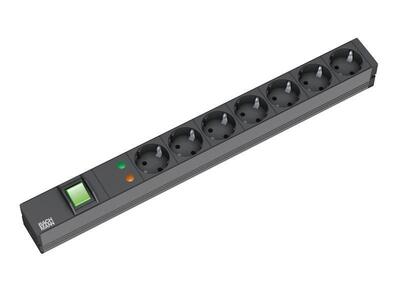 19" zásuv. lišta 7xSCHUKO, vidlica (CEE7/7), 16A, 3600W, prepäťová ochrana, 2m, čierna