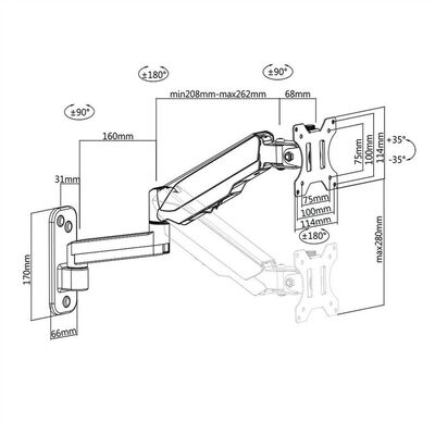 Držiak pre monitor na stenu, pneumatický, max 8kg, rameno 453mm, VESA 75/100, čierny
