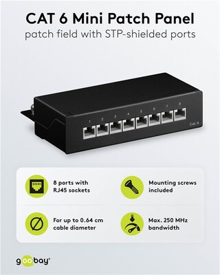 Patch panel 8port cat.6, tienený s uzemnením, celokovový, montáž na stenu, 1U, čierny