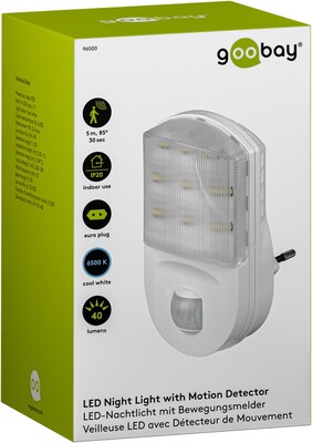 Svetlo LED so senzorom, do zásuvky 1.1W/67lm (IP20), detekcia: 120°, 9m dosah, studená biela