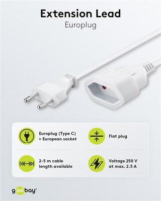 Predlžovačka 2pin, 2m s 1 zásuvkou, 0.75mm², biela