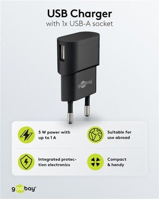 Nabíjačka USB 230V 1port, 1xUSB A, 1A, 5W, čierna