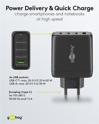 Nabíjačka USB 230V 4port, 1xUSB A, 3xUSB Typ C, 68W, Power Delivery, GaN, čierna