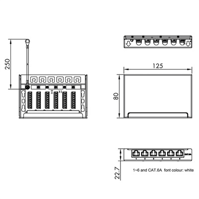 Patch panel 8port cat.6a, tienený s uzemnením, celokovový, montáž na stenu, 0.5U, čierny