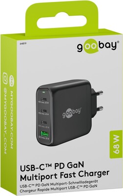 Nabíjačka USB 230V 4port, 1xUSB A, 3xUSB Typ C, 68W, Power Delivery, GaN, čierna