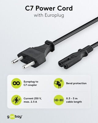 Kábel sieťový 230V, 2pin vidlica (CEE7/16) priama - C7 (2pin), 1.8m, 0.75mm², 2.5A, čierny