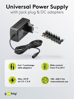 Adaptér NTS 1500mA Univerzálny 9-24V, 24W, 1.6m kábel, konektory: DC, čierny