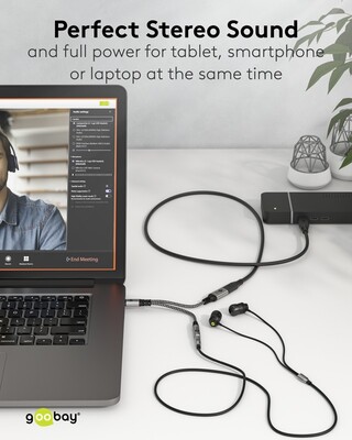 Adaptér USB 3.1 Typ C / 3.5mm (slúchadlá) + USB Typ C (PD 60W), 15cm, sivý/čierny