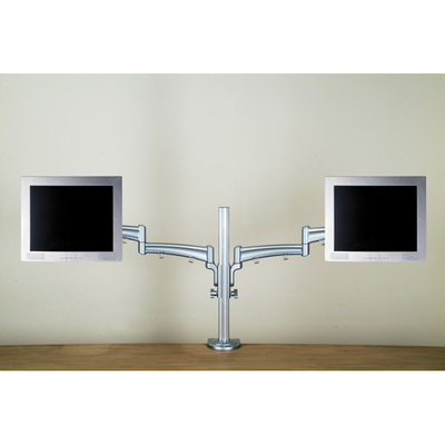 Držiak pre 2x monitor na stôl, úchyt o dosku, max 5kg, rameno 350mm, VESA75/100, sivý