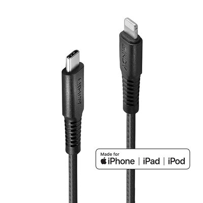 Kábel USB 3.2 Gen 1, Typ C CM/"Lightning" pre Apple, 3m, High Speed, posilnený, čierny s MFI cert.