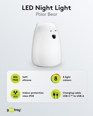Nočná LED lampa "Ľadový medveď", rôzne režimy svietenia, RGB farby, nabíjacia (USB C)