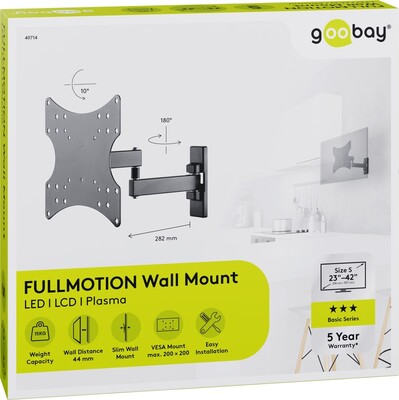 Držiak pre monitor / TV na stenu, max 15kg, rameno 282mm, VESA 75/100/200, čierny