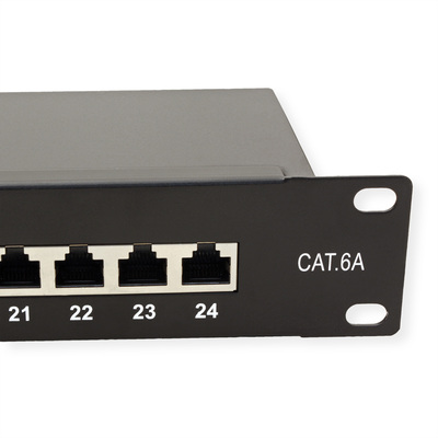 19" Patch panel 24port cat.6a, tienený s uzemnením, celokovový, 1U, čierny