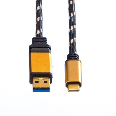 Kábel USB 3.2 Gen 1, AM/CM Typ C 1m, 5Gbps, čierny/zlatý, Gold, pozl. konektor