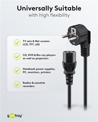 Kábel sieťový 230V, vidlica (CEE7/7) lomená - C13, 2m, 0.75mm², 10A, čierny