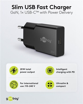 Nabíjačka USB 230V 1x USB Typ C, 20W, GaN, Power Delivery, slim, čierna