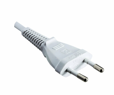 Kábel sieťový 230V, 2pin vidlica (CEE7/16) lomená - C7 (2pin) zahnutý, 2m, 0.75mm², 2.5A, biely