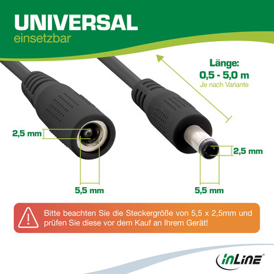 Kábel predlžovací DC 5.5mm / 2.5mm, AWG18, 2m, čierny