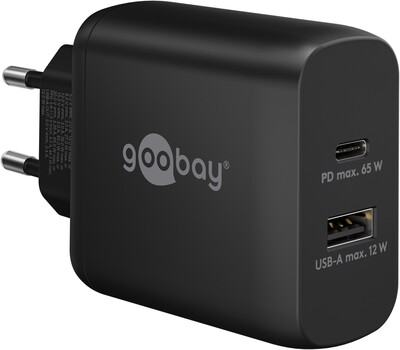 Nabíjačka USB 230V 2port, 1xUSB A 2.0, 1xUSB C (Power Delivery), 65W, GaN, čierna