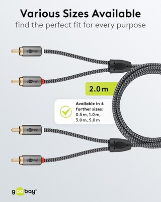 Kábel Cinch 2x audio M/M 2m, čierny/sivý, pozl. konektor