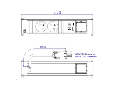 Power Frame 2xUTE 230V, 1xCustom, nabíjačka (USB A + USB C), 0.2m kábel 1.5mm², GST18, biely