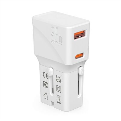 Nabíjačka USB 230V 2port, EU/UK/US, 1xUSB A, 1xUSB Typ C, 25W, PD, QC 3.0, cestovná/skladacia, biela