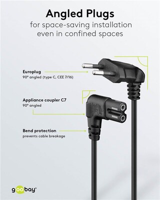 Kábel sieťový 230V, 2pin vidlica (CEE7/16) lomená - C7 (2pin) zahnutý, 0.3m, 0.75mm², 2.5A, čierny