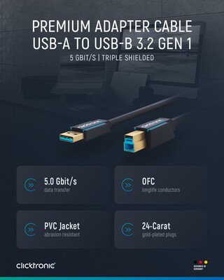 Kábel USB 3.2 Gen 1, A-B M/M 1.8m, 5Gbps, modrý, ClickTronic, pozl. konektor