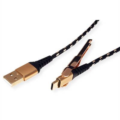 Kábel USB 2.0 AM/CM Typ C 1m, High Speed, čierny/zlatý, integrovaný držiak/podpera, Gold