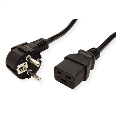 Kábel sieťový 230V, vidlica (CEE7/7) lomená - C19, 3m, 1.50mm², 16A, čierny