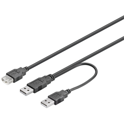Kábel USB 2.0 2xA-A M/F 0.3m, High Speed, čierny, predlžovací, Y-kábel, Extra napájanie
