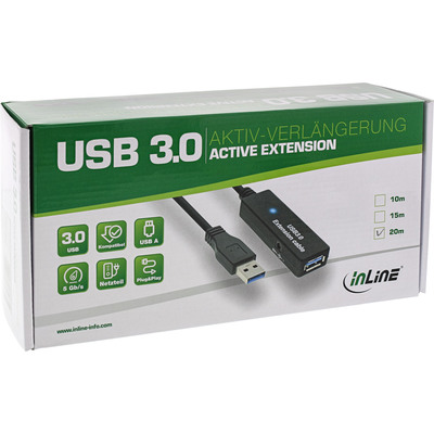 Kábel USB 3.2 Gen 1, A-A M/F 20m, 5Gbps, predlžovací, čierny, AKTÍVNY, s adaptérom