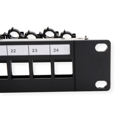 19" Patch panel 24port Keystone, tienený s uzemnením, celokovový, klipsové úchytky, 1U, čierny