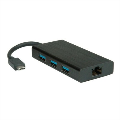 Adaptér USB 3.1 Typ C na RJ45 (Gigabit Ethernet), Hub 3x USB 3.0 A, 10cm, čierny