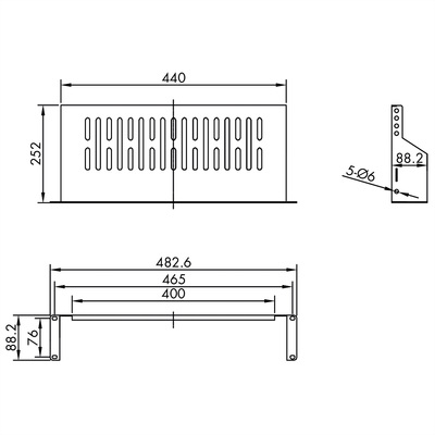 19" Polica pevná 440x250mm, max. 15kg, 2U, čierna, U-tvar