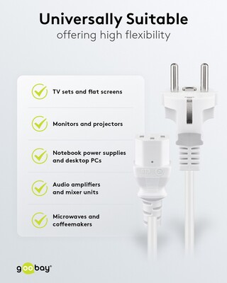 Kábel sieťový 230V, vidlica (CEE7/7) priama - C13, 5m, 1.00mm², 10A, biely
