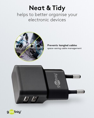 Nabíjačka USB 230V 2port, 2xUSB A, 2.4A, 12W, kábel USB AM/lightning 1m v balení, čierna