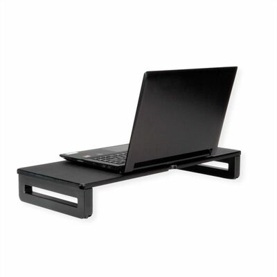 Stojan/podstavec na notebook/monitor, výškovo nastaviteľný, čierny, drevený