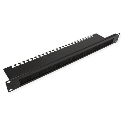 19" Panel vyväzovací, organizér, prechodka s kefkami a podperou, 1U, kovový, čierny