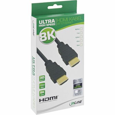 Kábel HDMI M/M 0.5m, Ultra High Speed+Eth, 8K@60Hz, HDMI 2.1, pozl. konektor, čierny, s certifikátom