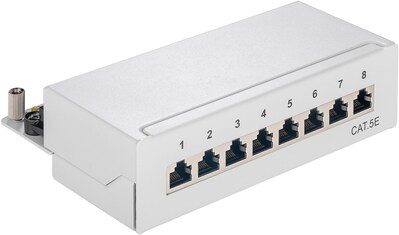 Patch panel 8port cat.5e, tienený s uzemnením, celokovový, montáž na stenu, 1U, sivý