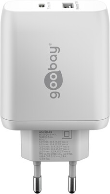 Nabíjačka USB 230V 2port, 1xUSB A 2.0, 1xUSB C (Power Delivery), 65W, GaN, biela