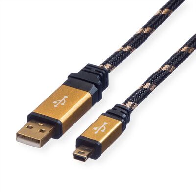 Kábel USB 2.0 A-MINI-B 5pin M/M 0.8m, High Speed, čierny/zlatý, Gold, pozl. konektor