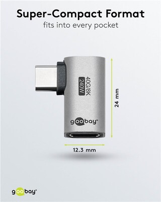 Adaptér USB 4, Typ C, CM/CF, zahnutý 90° (do prava/ľava), 40Gbps, PD 240W, sivý/čierny