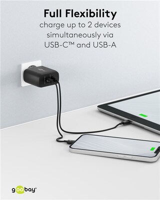 Nabíjačka USB 230V 2port, 1xUSB A 2.0, 1xUSB C (Power Delivery), 65W, GaN, čierna