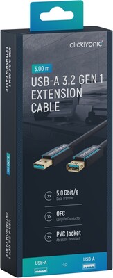 Kábel USB 3.2 Gen 1, A-A M/F 3m, 5Gbps, predlžovací, modrý, ClickTronic, pozl. konektor