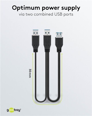 Kábel USB 3.2 Gen 1, A-A 2xM/F 0.3m, 5Gbps, predlžovací, čierny, Y-kábel, Extra napájanie