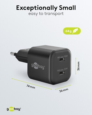 Nabíjačka USB 230V 2port, 2xUSB Typ C, 35W, Power Delivery, GaN, čierna