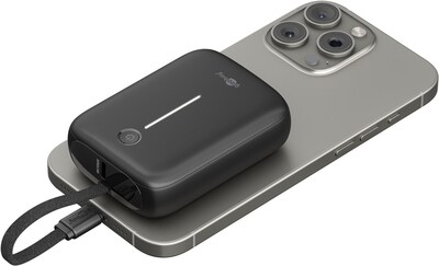 PowerBank 10000mAh, QC 3.0, LED display, zabudovaný kábel USB Typ C 0.13m, 8x6x3cm, čierna